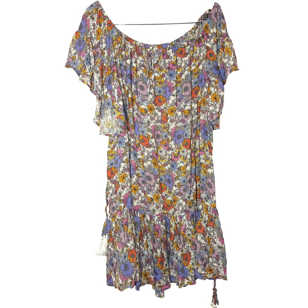 Cynthia Rowley Floral Off Shoulder Mini Dress XL Purple Orange Boho Tassel Belt - Picture 4 of 12